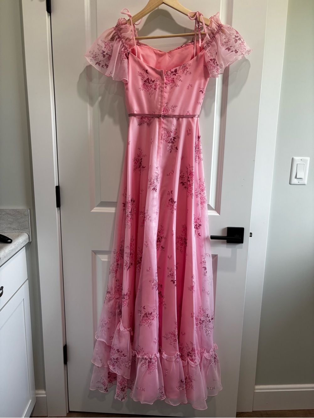 Vintage 60-70’s Pink Chiffon Floral Ruffle-Tiered Dress - Picture 6 of 9